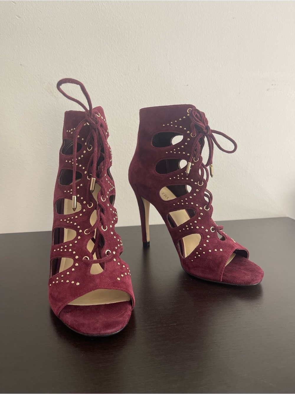 Burgundy Suede Leather Lace-Up Caged Gold Studded Cutout Heels - Picture 4 of 6